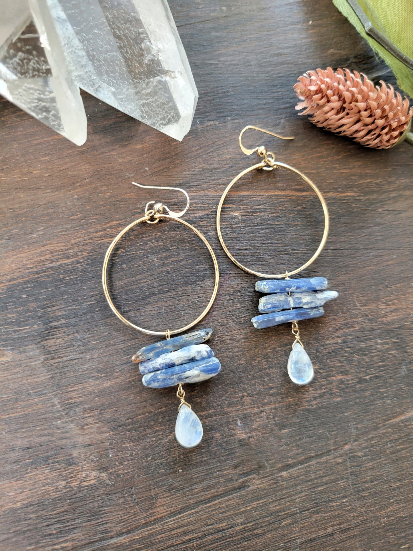 Raw Kyanite and Moonstone Hoop Dangle Earrings