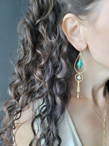 Malachite and Moonstone Fringe Earrings