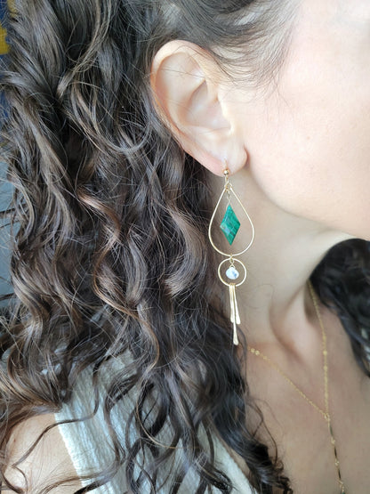 Malachite and Moonstone Fringe Earrings