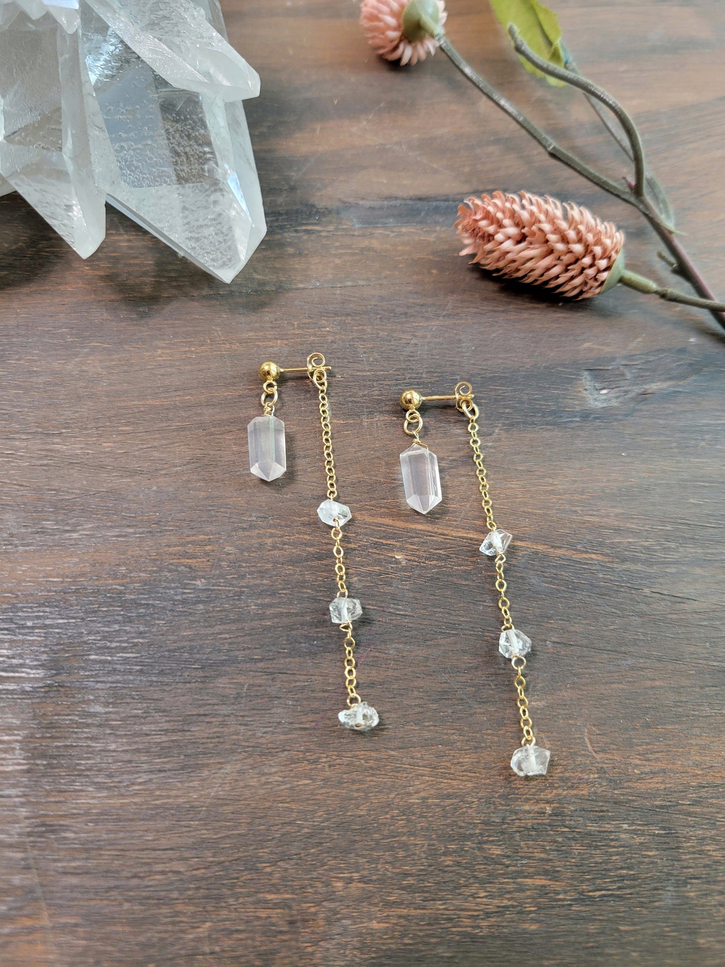 Rose Quartz and Herkimer Diamond Dangle Stud Earrings