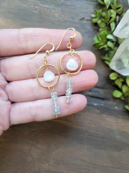 Moonstone and Aquamarine Bar Earrings