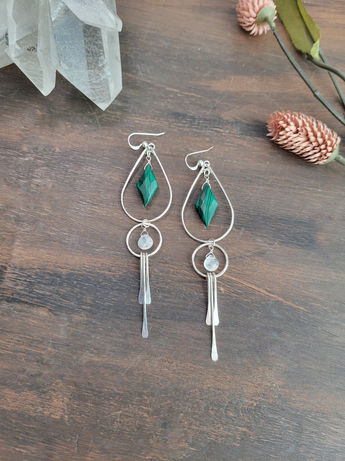 Malachite and Moonstone Fringe Earrings
