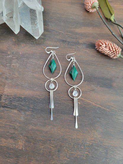Malachite and Moonstone Fringe Earrings