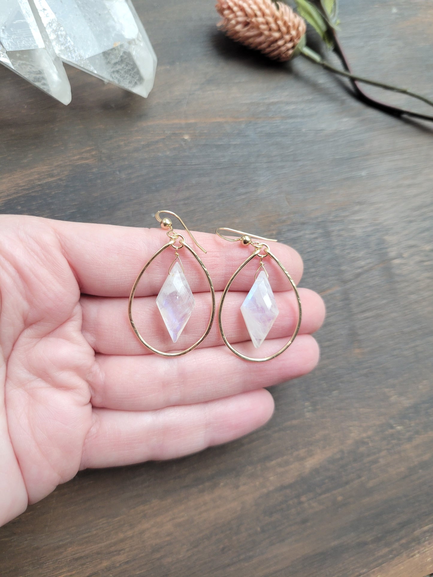 Rainbow Moonstone Dangle Hoop Earrings