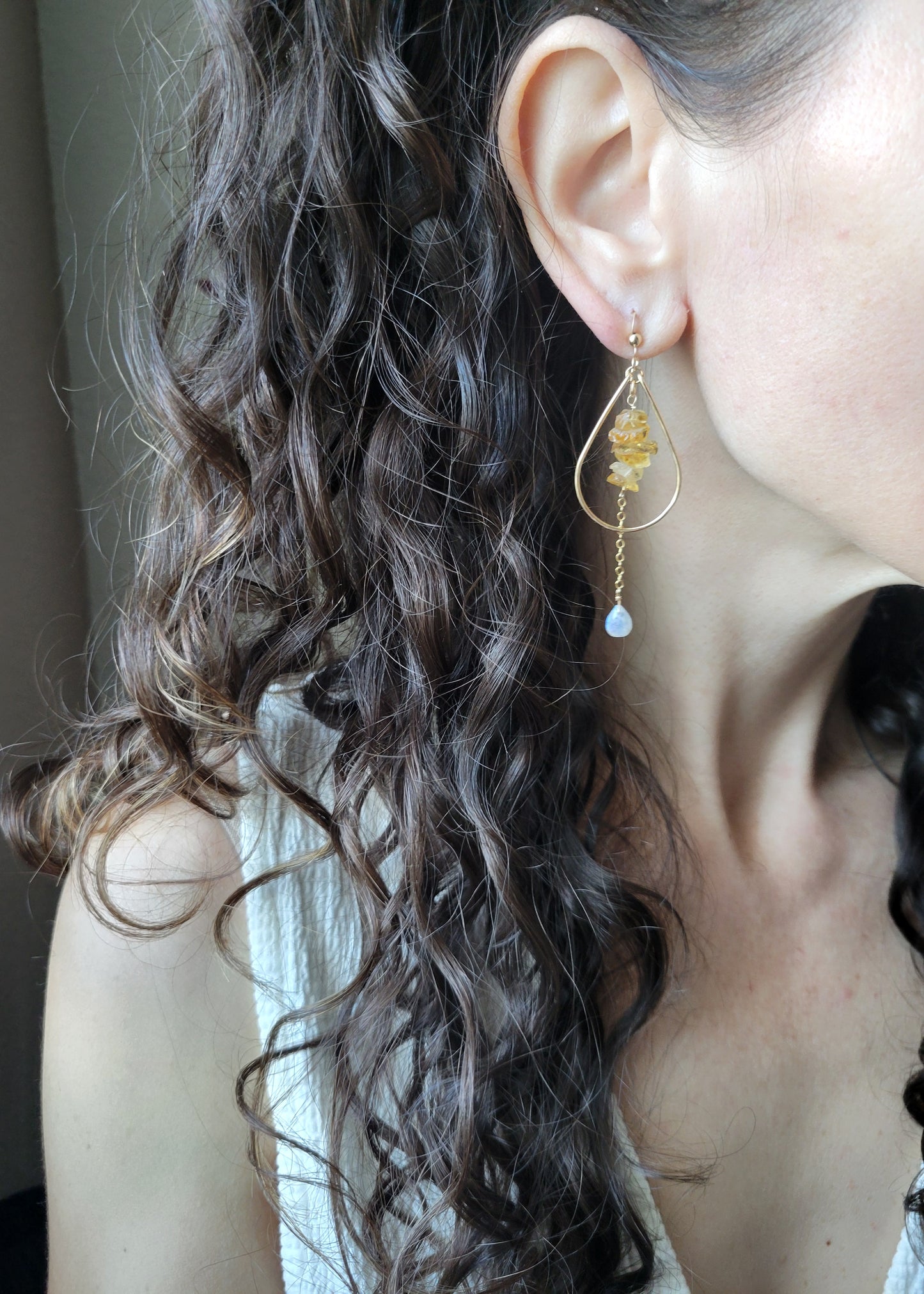 Citrine and Moonstone Drop Hoop Earrings