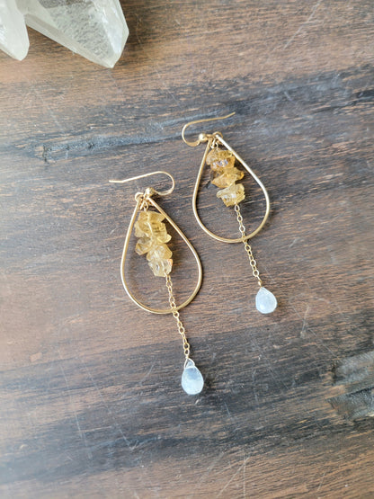 Citrine and Moonstone Drop Hoop Earrings