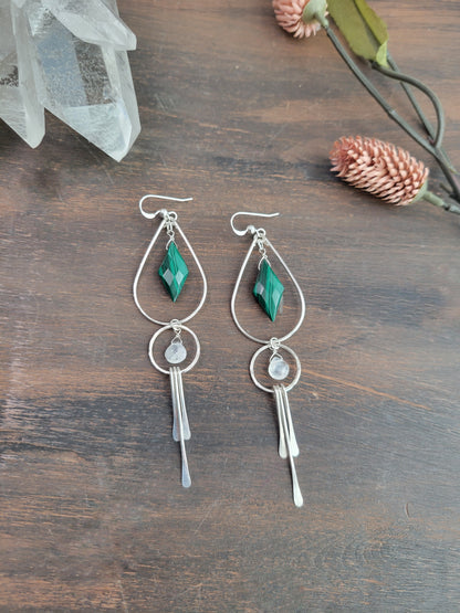 Malachite and Moonstone Fringe Earrings