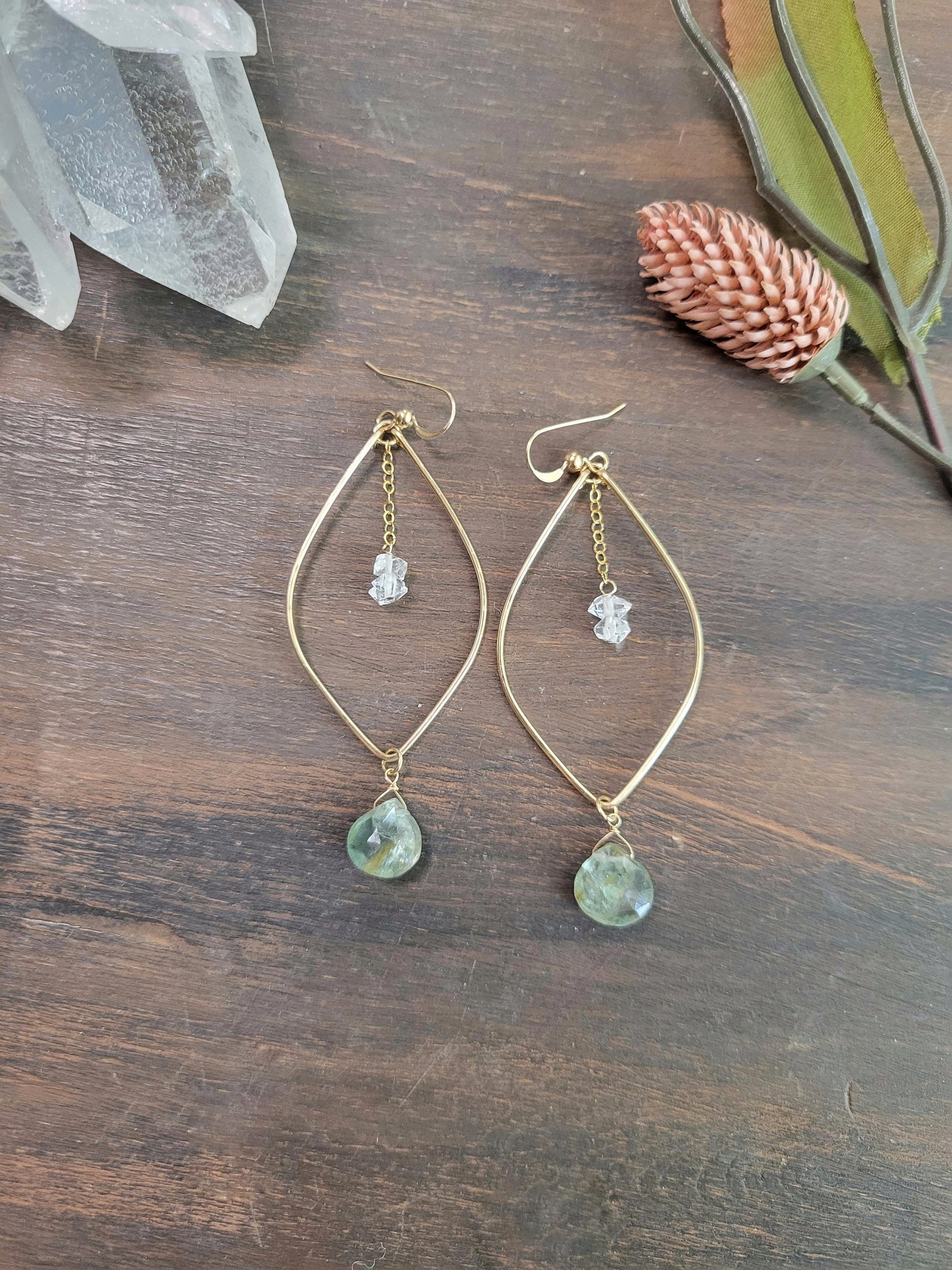 Moss Aquamarine and Herkimer Diamond Leaf Hoop Earrings