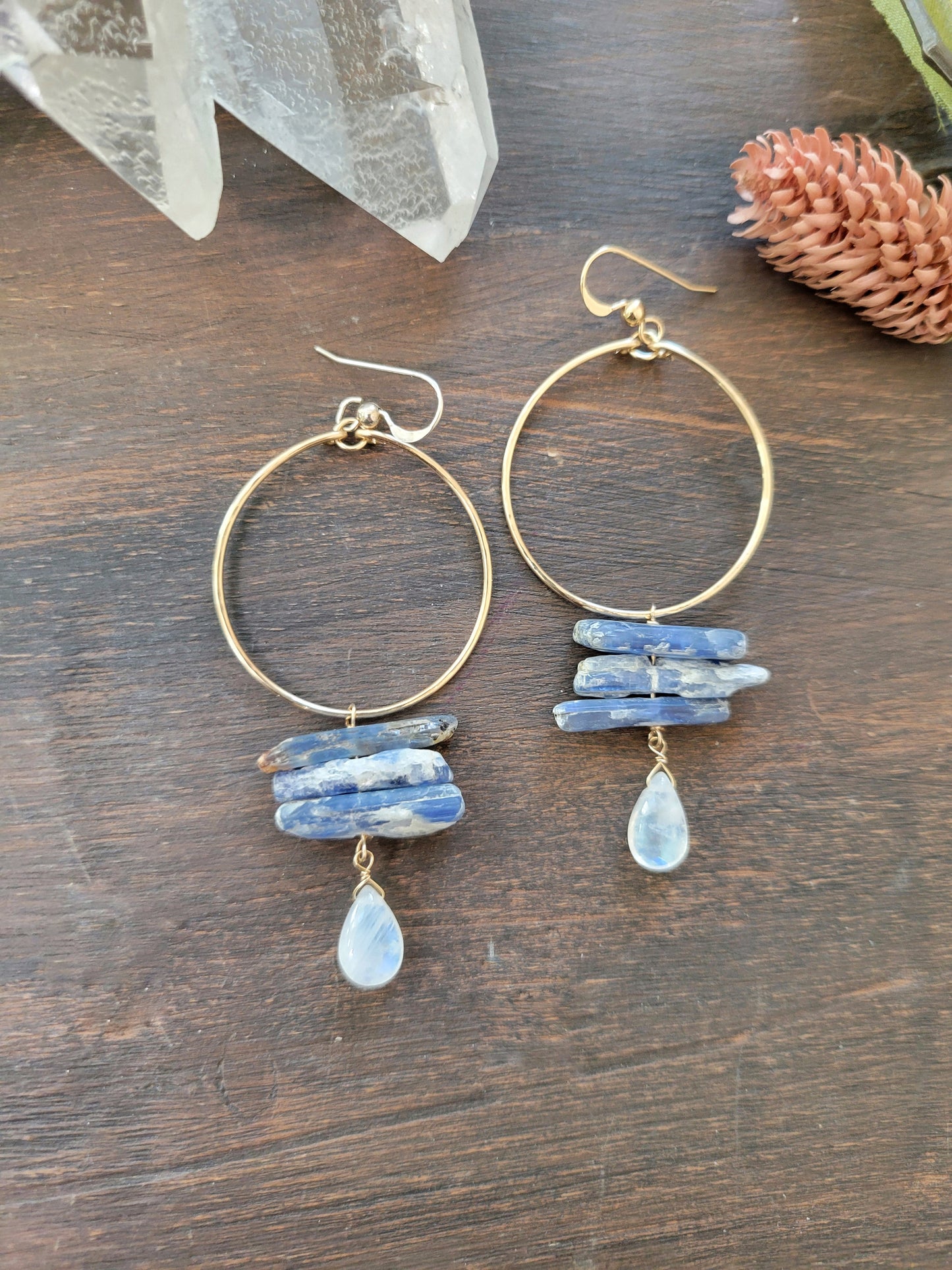 Raw Kyanite and Moonstone Hoop Dangle Earrings