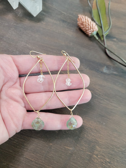 Moss Aquamarine and Herkimer Diamond Leaf Hoop Earrings