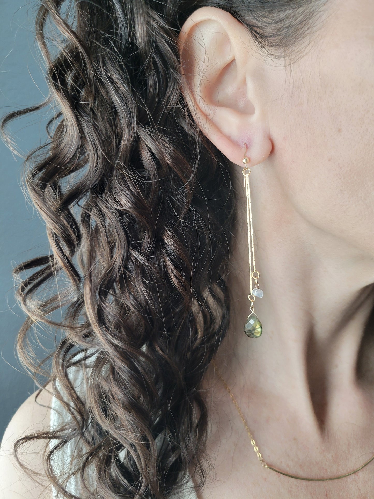 Labradorite Moonstone Dangle Chain Earrings