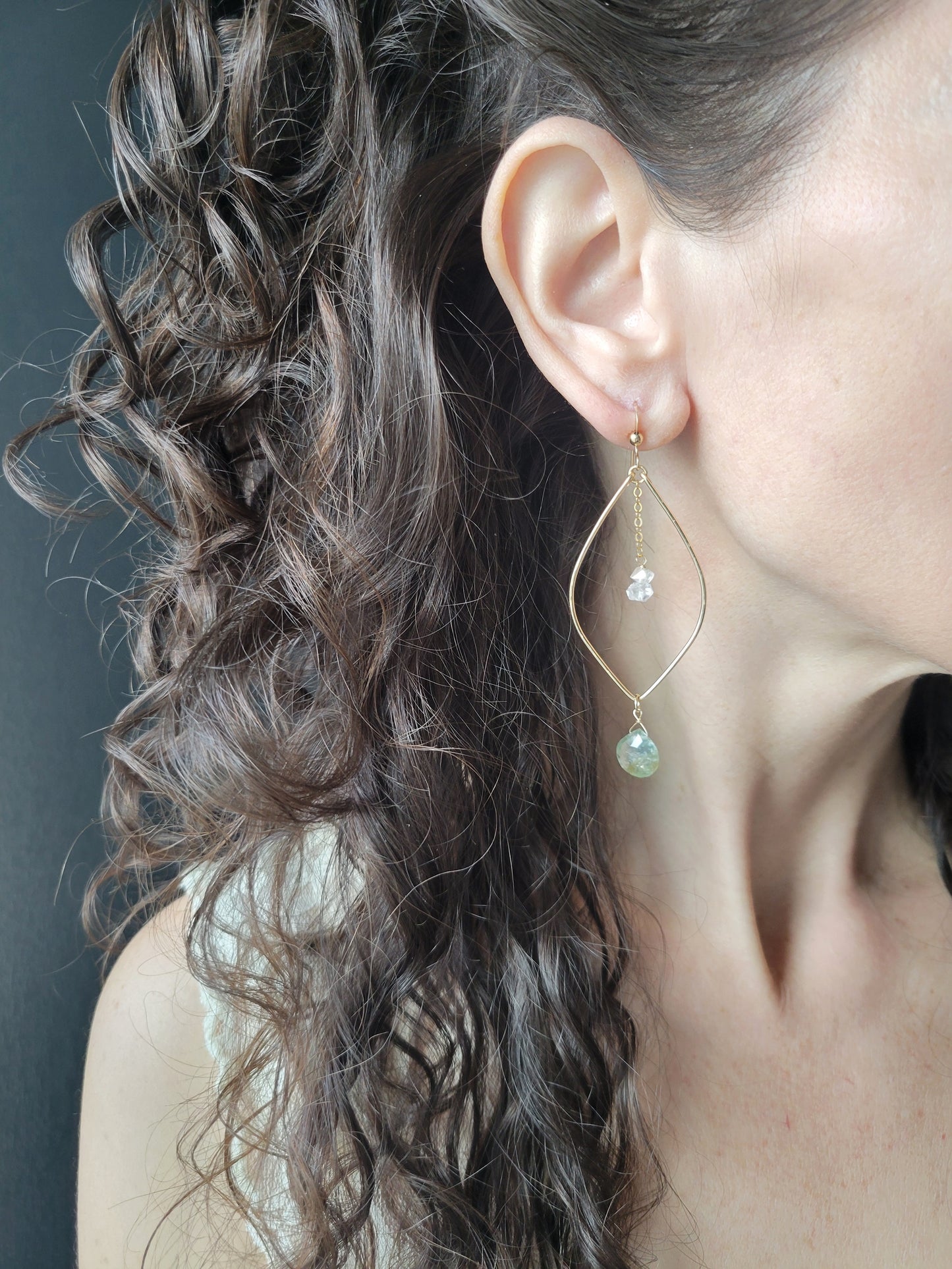 Moss Aquamarine and Herkimer Diamond Leaf Hoop Earrings