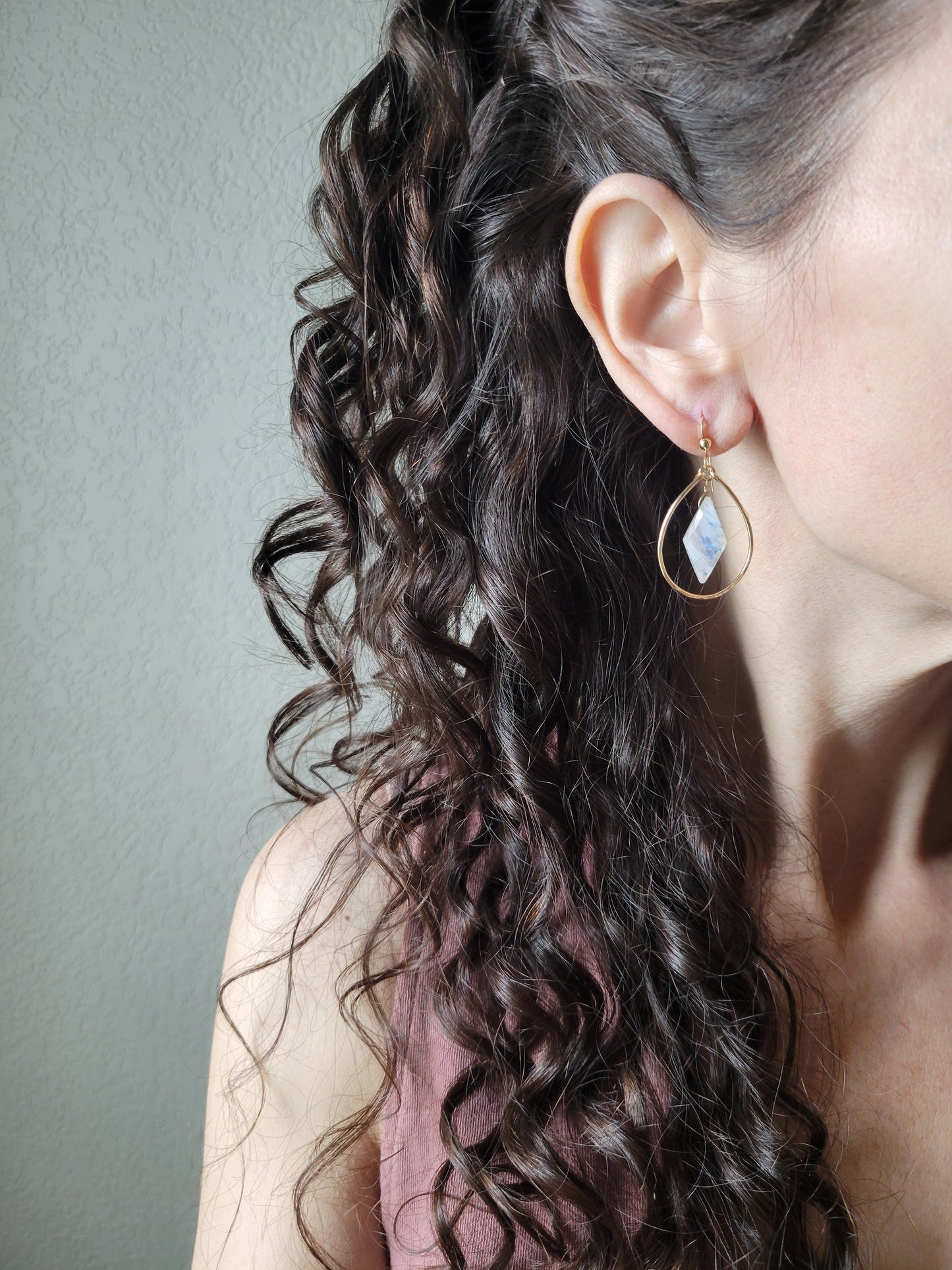 Rainbow Moonstone Dangle Hoop Earrings