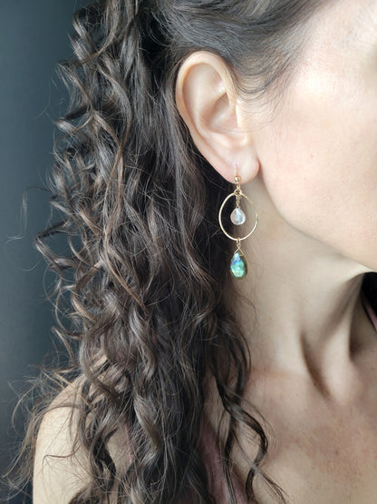Quartz and Labradorite Hoop Earrings