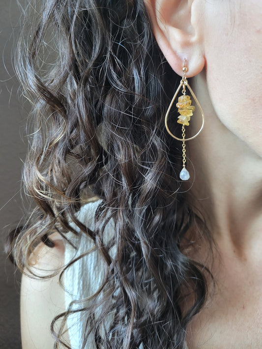 Citrine and Moonstone Drop Hoop Earrings