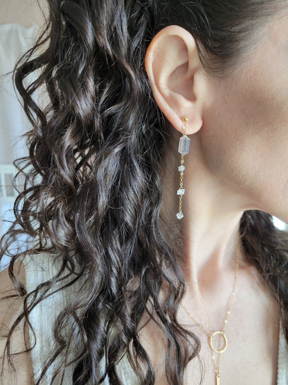 Rose Quartz and Herkimer Diamond Dangle Stud Earrings