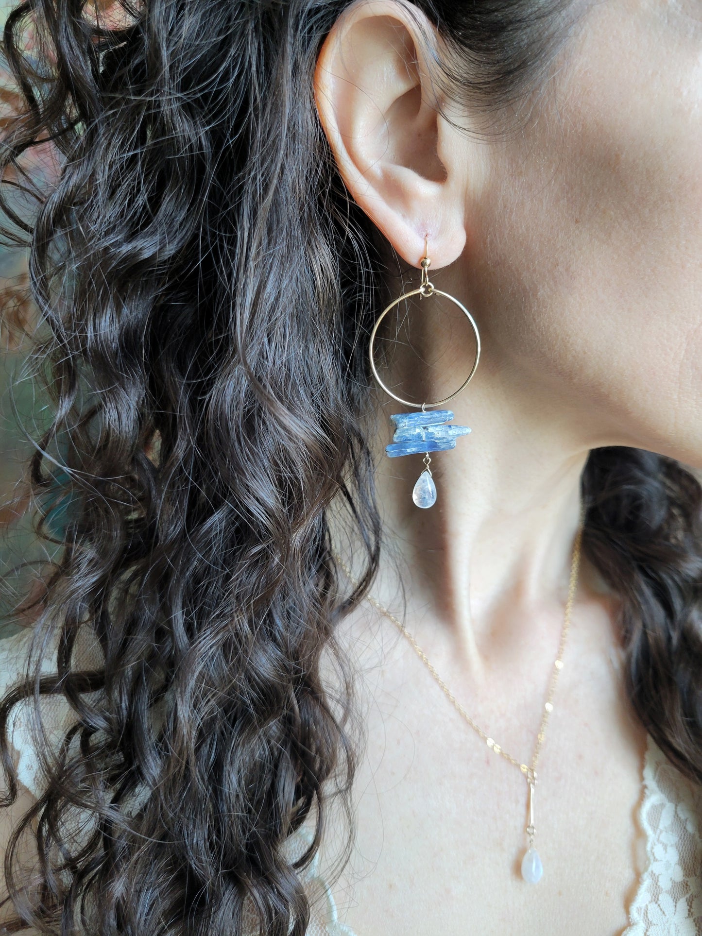 Raw Kyanite and Moonstone Hoop Dangle Earrings