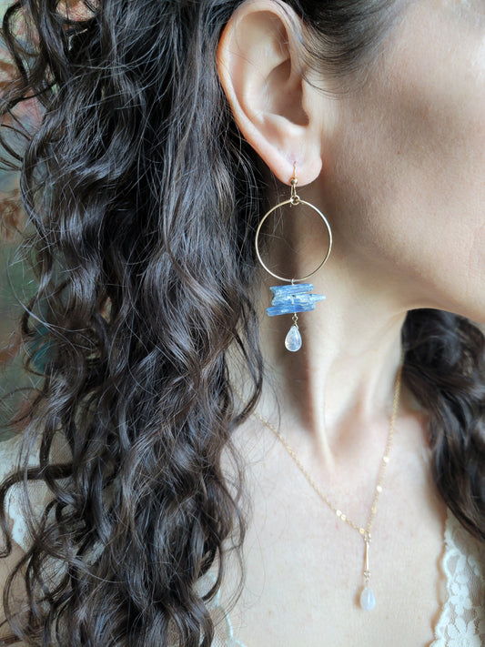 Raw Kyanite and Moonstone Hoop Dangle Earrings
