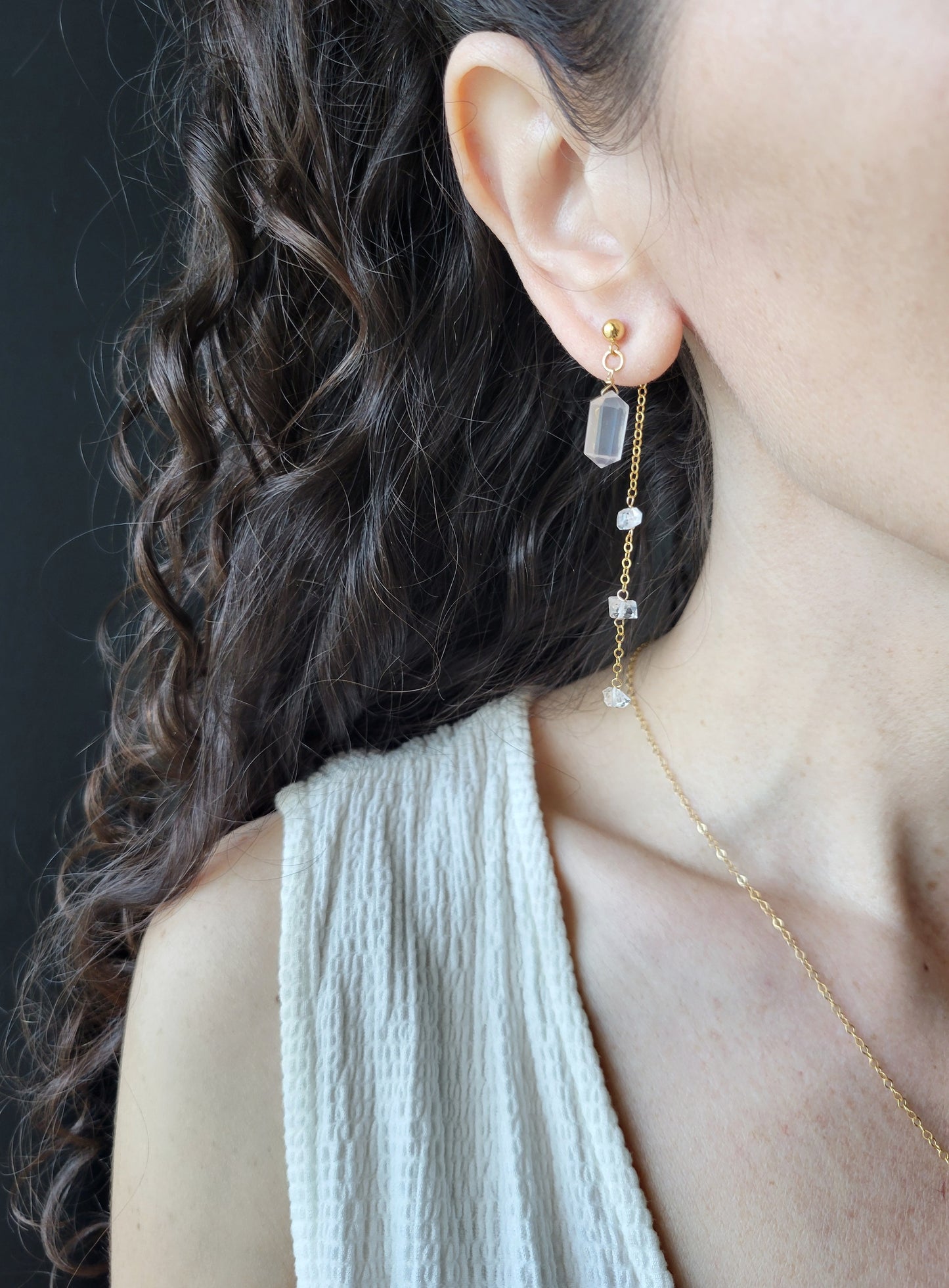 Rose Quartz and Herkimer Diamond Dangle Stud Earrings