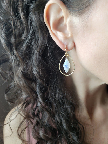Rainbow Moonstone Dangle Hoop Earrings