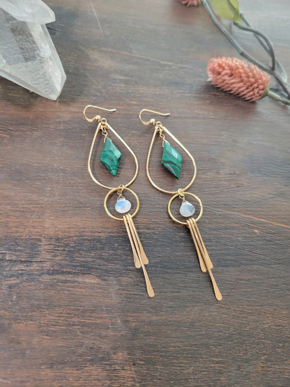 Malachite and Moonstone Fringe Earrings