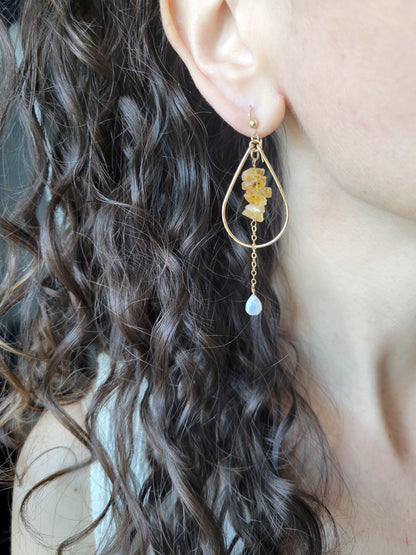 Citrine and Moonstone Drop Hoop Earrings