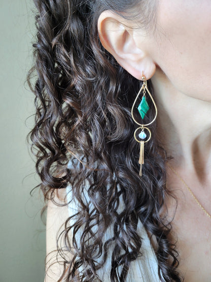 Malachite and Moonstone Fringe Earrings