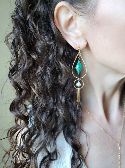 Malachite and Moonstone Fringe Earrings