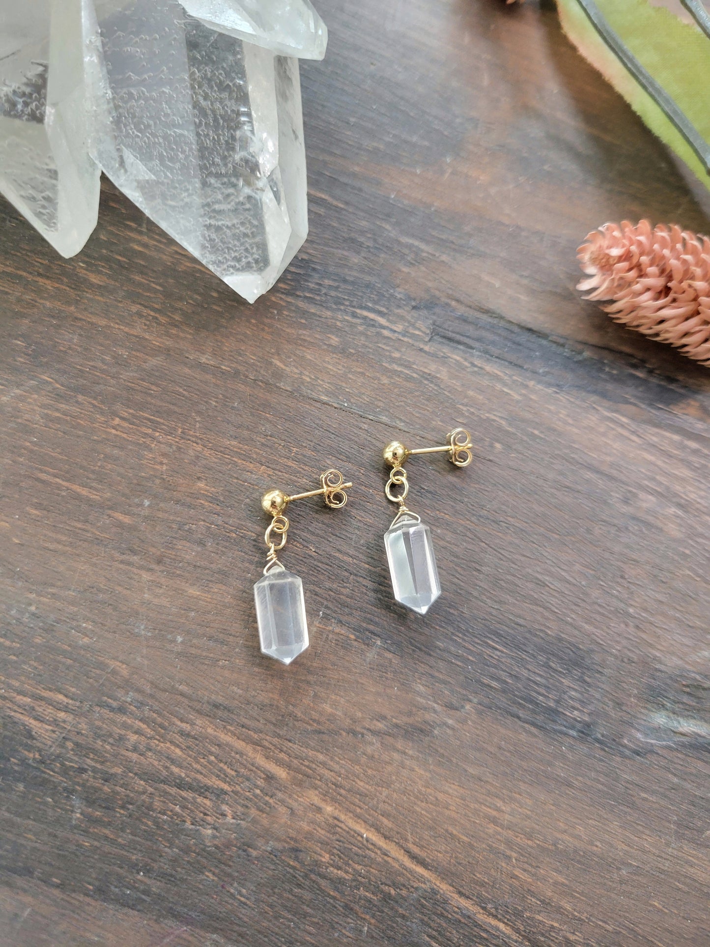 Rose Quartz Dangle Stud Earrings