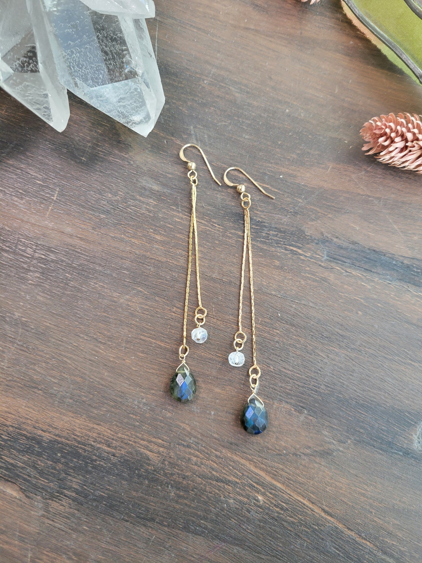 Labradorite Moonstone Dangle Chain Earrings
