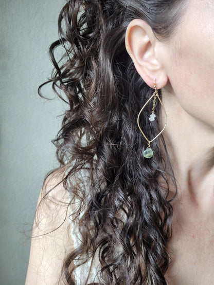 Moss Aquamarine and Herkimer Diamond Leaf Hoop Earrings