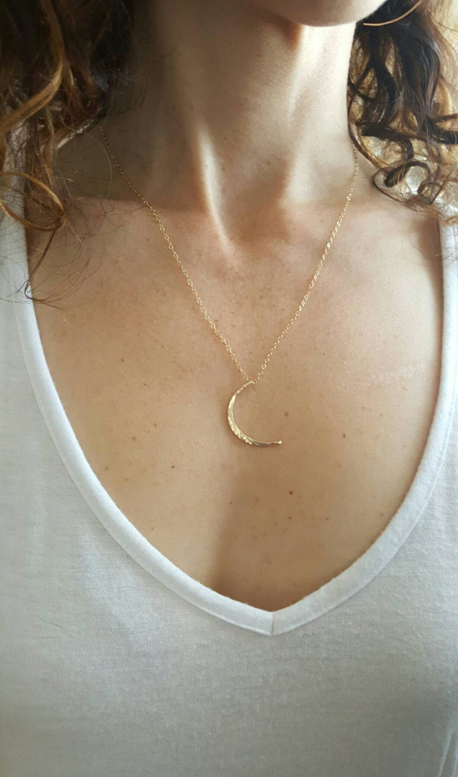 Crescent Hammered Moon Necklace, 14 K Gold Filled, Sterling Silver