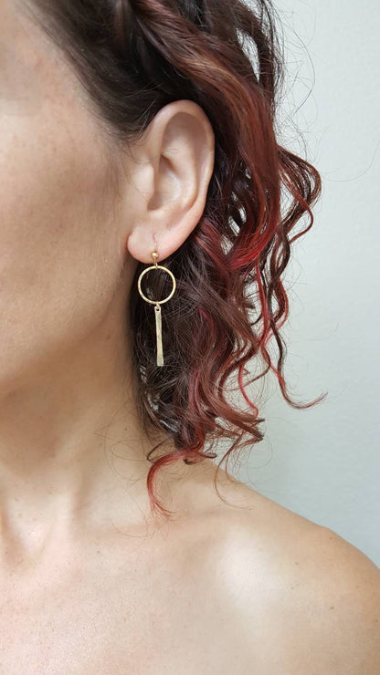 Circle Earrings with a bar, Sterling Silver and 14 K Gold Filled.