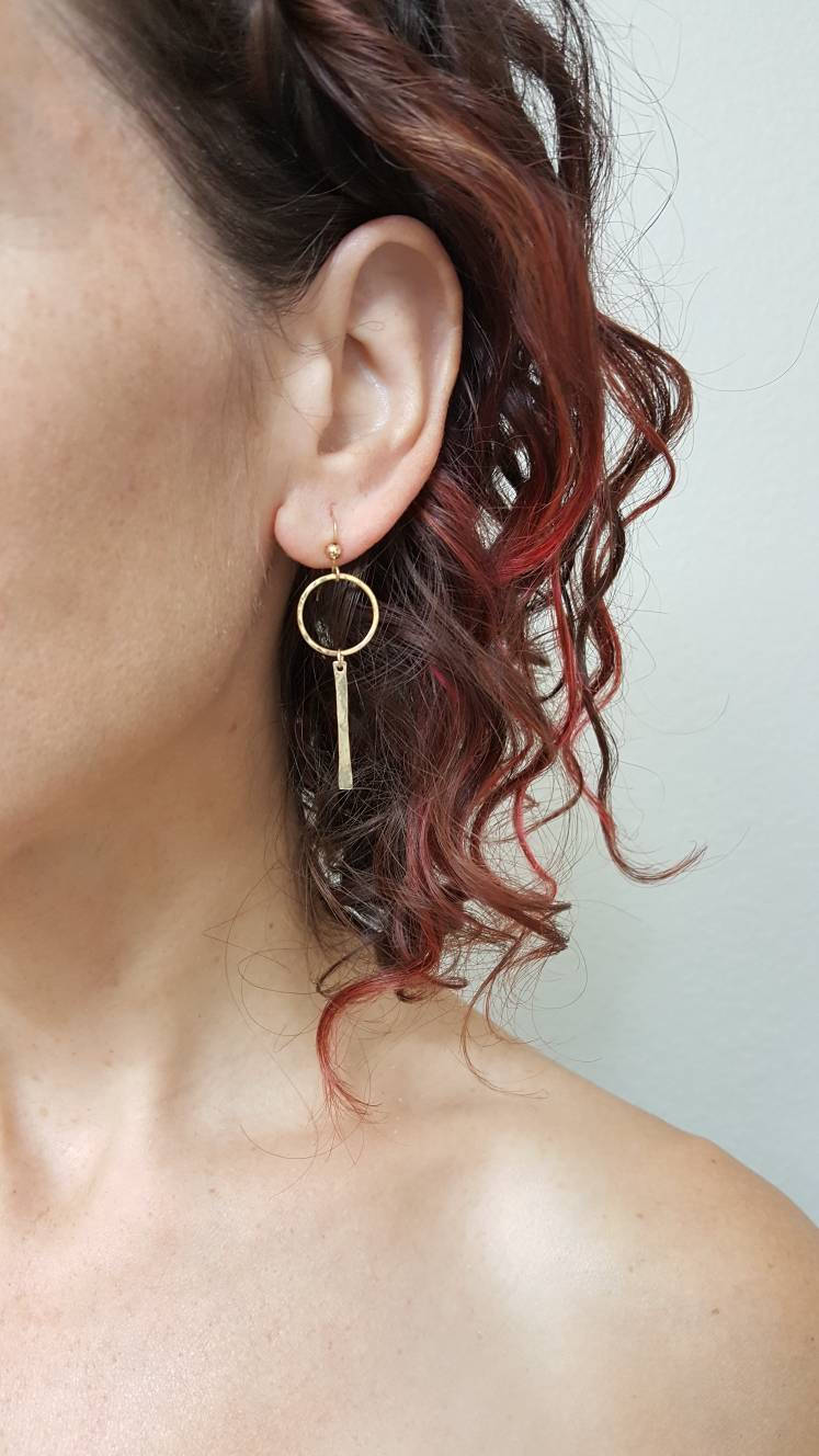 Circle Earrings with a bar, Sterling Silver and 14 K Gold Filled.