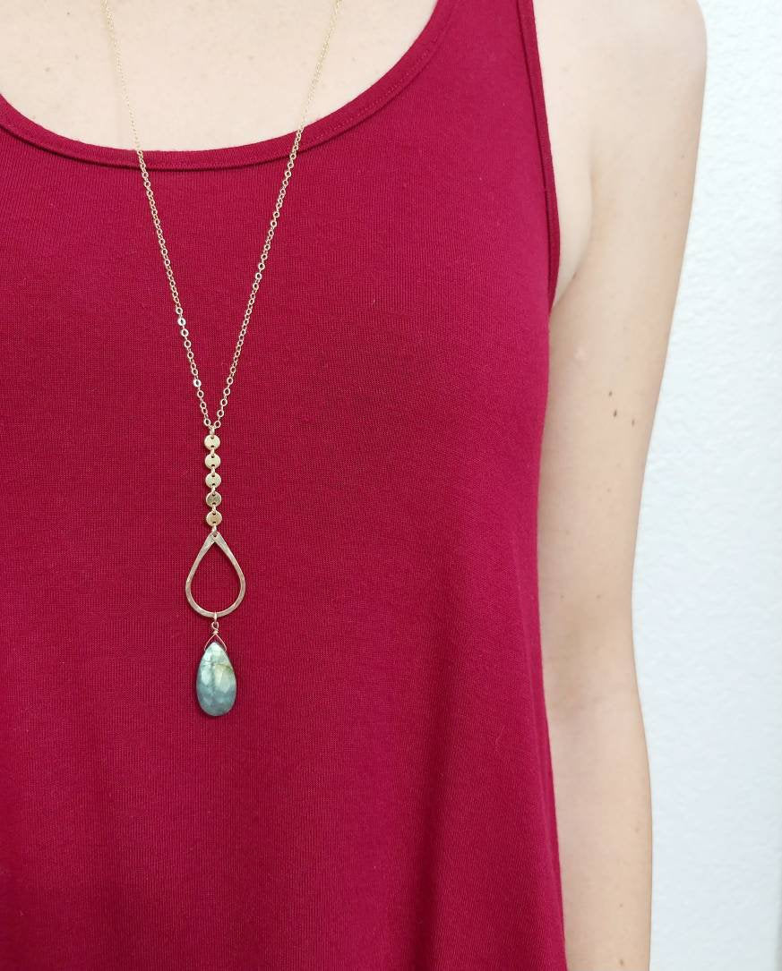 Long Y Necklace with Moonstone or Labradorite Gemstone