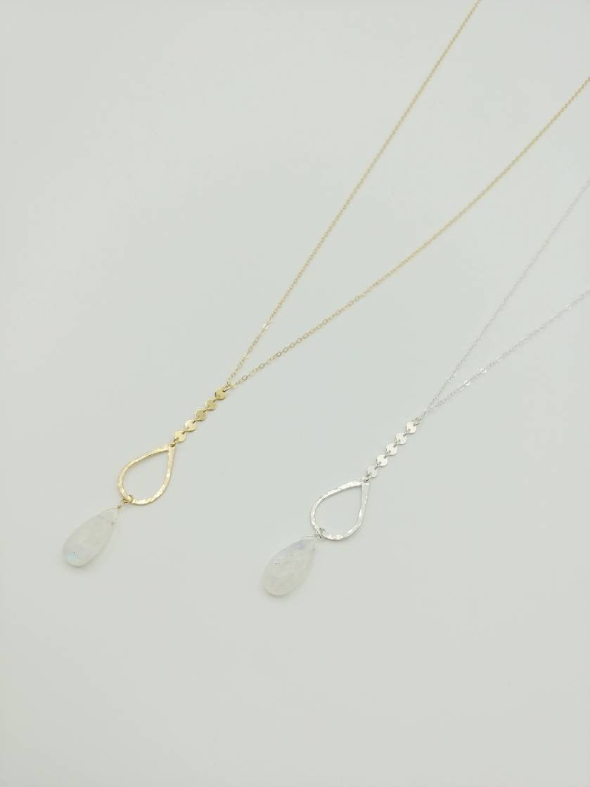 Long Y Necklace with Moonstone or Labradorite Gemstone