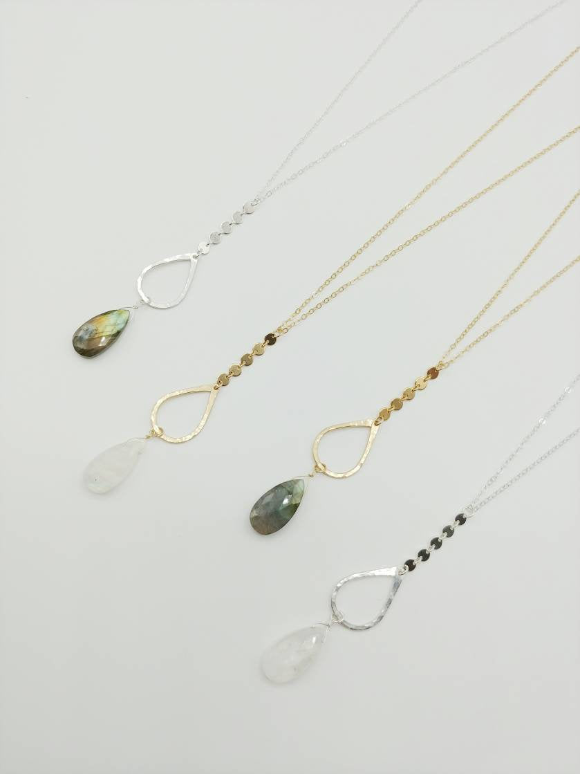Long Y Necklace with Moonstone or Labradorite Gemstone