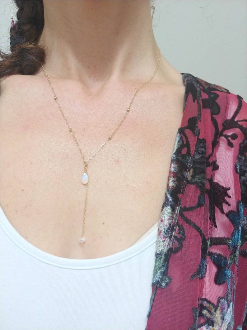 Y Pendant Necklace with Moonstone or Labradorite Gemstones